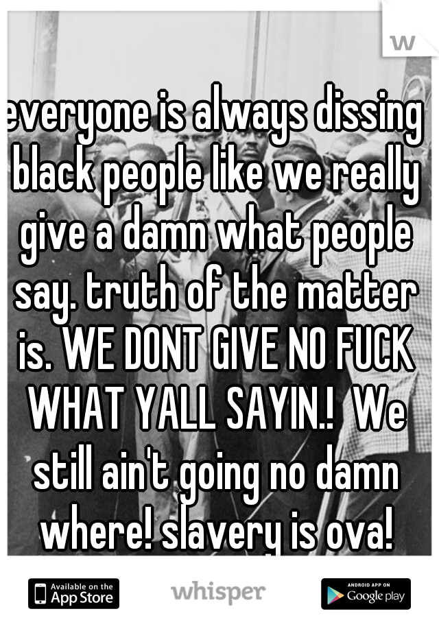 everyone is always dissing black people like we really give a damn what people say. truth of the matter is. WE DONT GIVE NO FUCK WHAT YALL SAYIN.!  We still ain't going no damn where! slavery is ova!