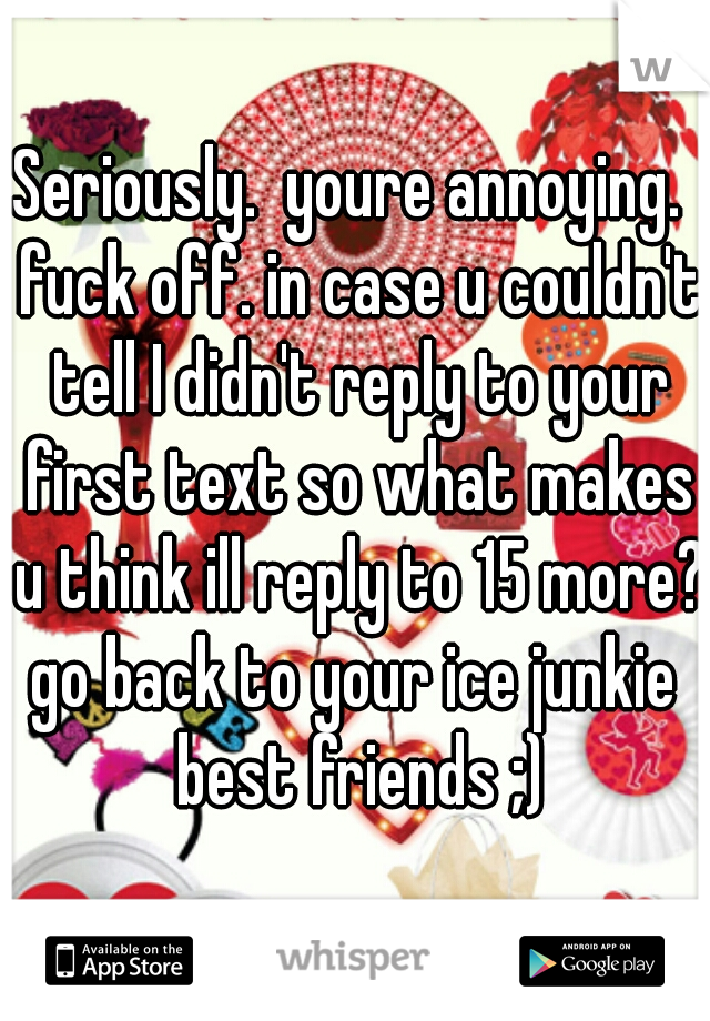 Seriously.  youre annoying.  fuck off. in case u couldn't tell I didn't reply to your first text so what makes u think ill reply to 15 more??

go back to your ice junkie best friends ;)