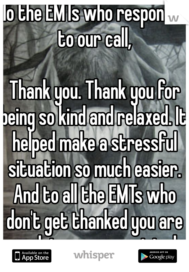 To the EMTs who responded to our call,

Thank you. Thank you for being so kind and relaxed. It helped make a stressful situation so much easier. And to all the EMTs who don't get thanked you are much too unappreciated. 