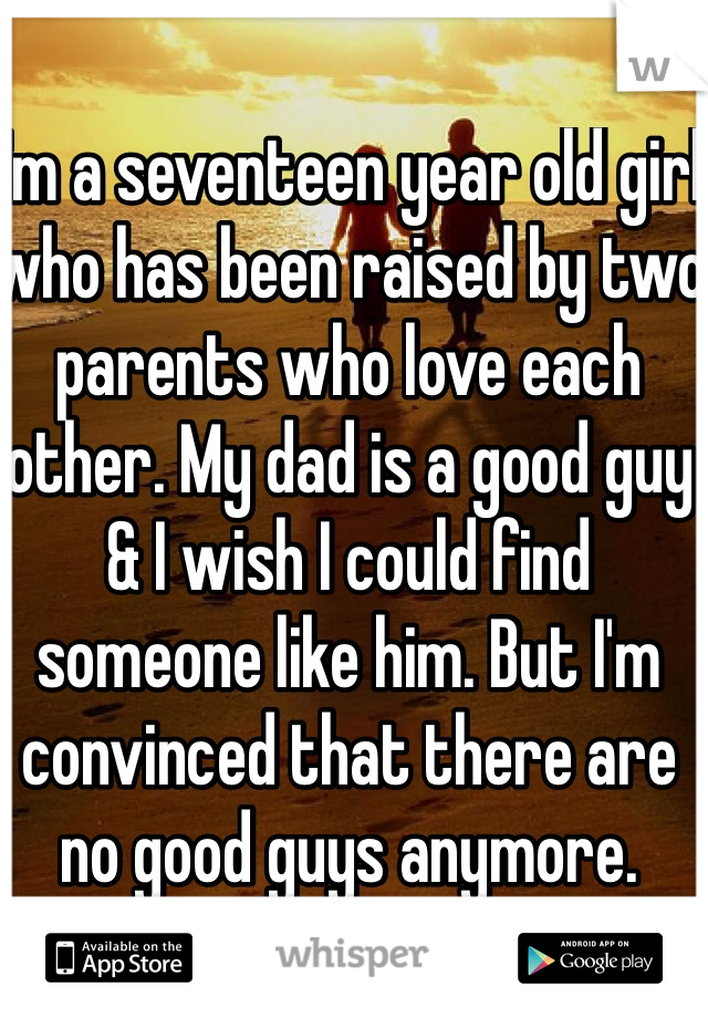I'm a seventeen year old girl who has been raised by two parents who love each other. My dad is a good guy & I wish I could find someone like him. But I'm convinced that there are no good guys anymore. 