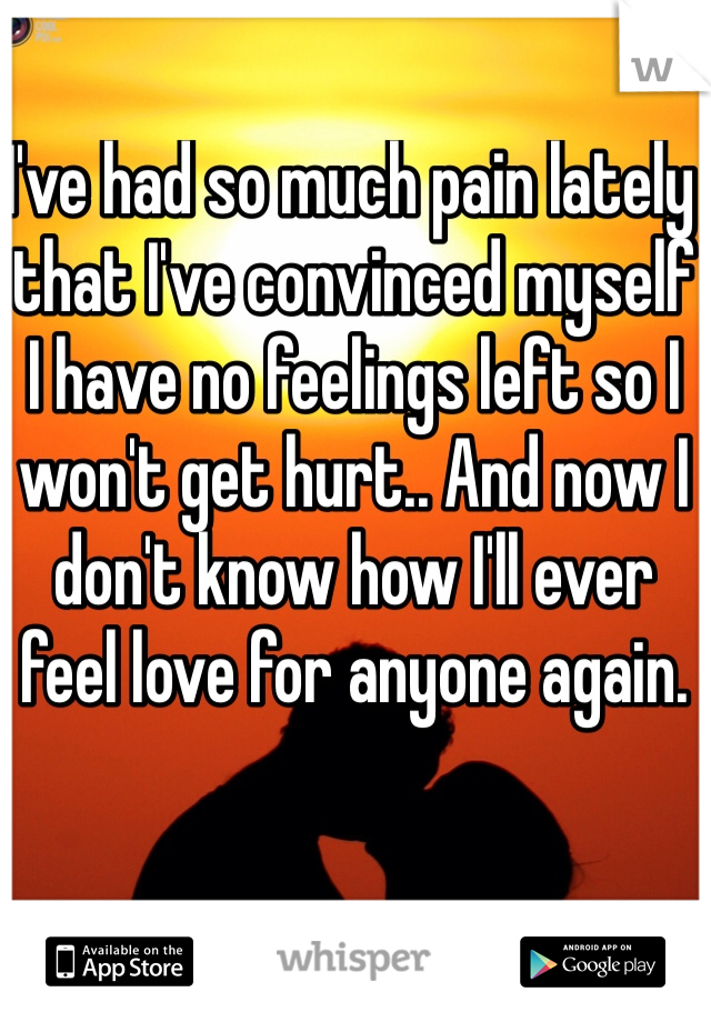 I've had so much pain lately that I've convinced myself I have no feelings left so I won't get hurt.. And now I don't know how I'll ever feel love for anyone again.