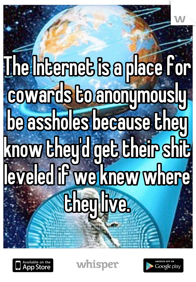 The Internet is a place for cowards to anonymously be assholes because they know they'd get their shit leveled if we knew where they live.
