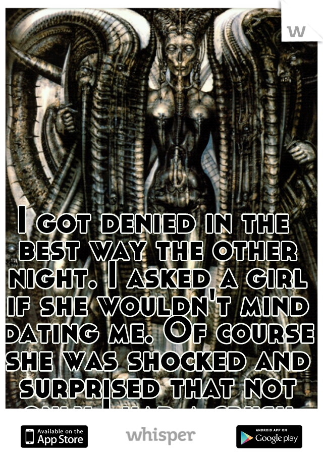 I got denied in the best way the other night. I asked a girl if she wouldn't mind dating me. Of course she was shocked and surprised that not only I had a crush but it was her.
