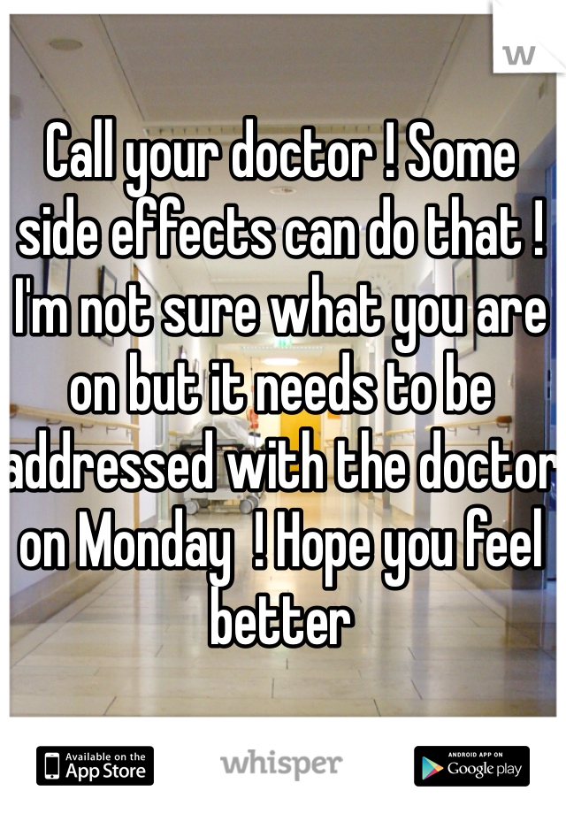 Call your doctor ! Some side effects can do that ! 
I'm not sure what you are on but it needs to be addressed with the doctor on Monday  ! Hope you feel better
