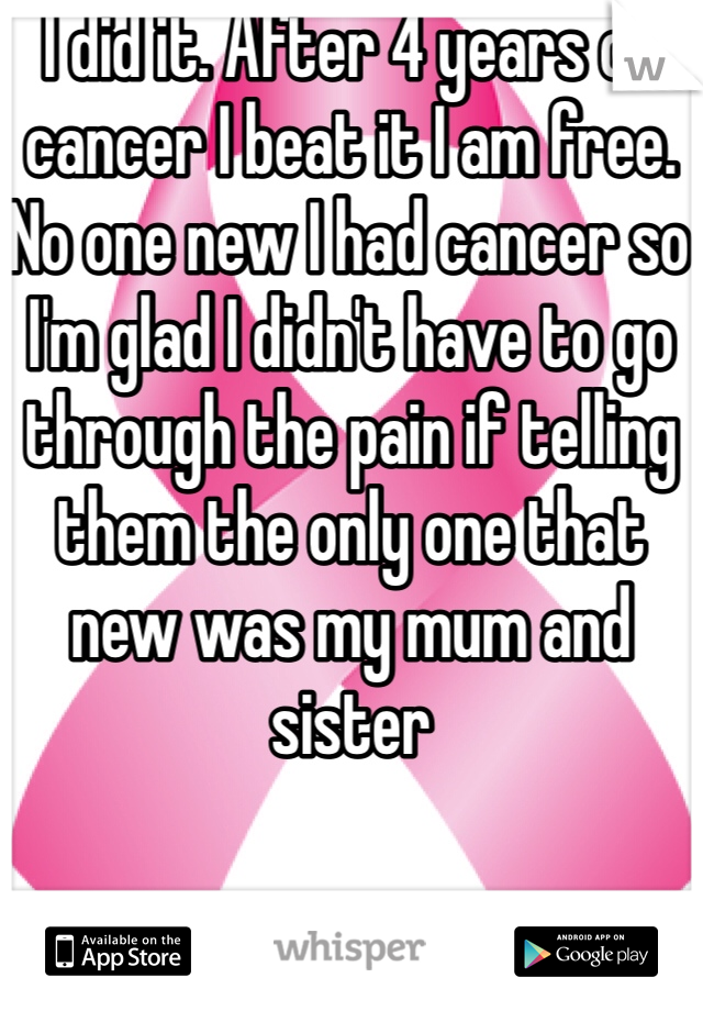 I did it. After 4 years of cancer I beat it I am free. No one new I had cancer so I'm glad I didn't have to go through the pain if telling them the only one that new was my mum and sister 