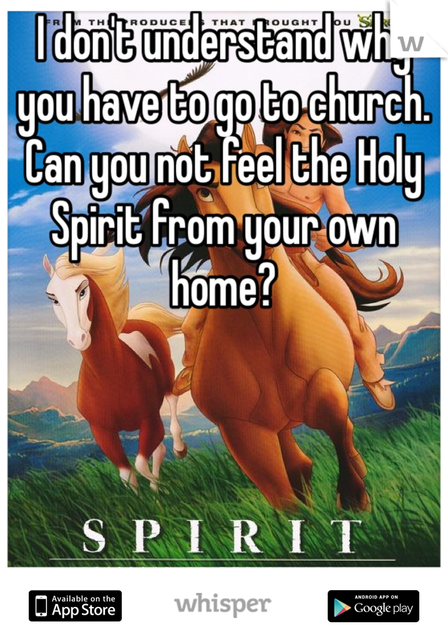 I don't understand why you have to go to church. Can you not feel the Holy Spirit from your own home? 