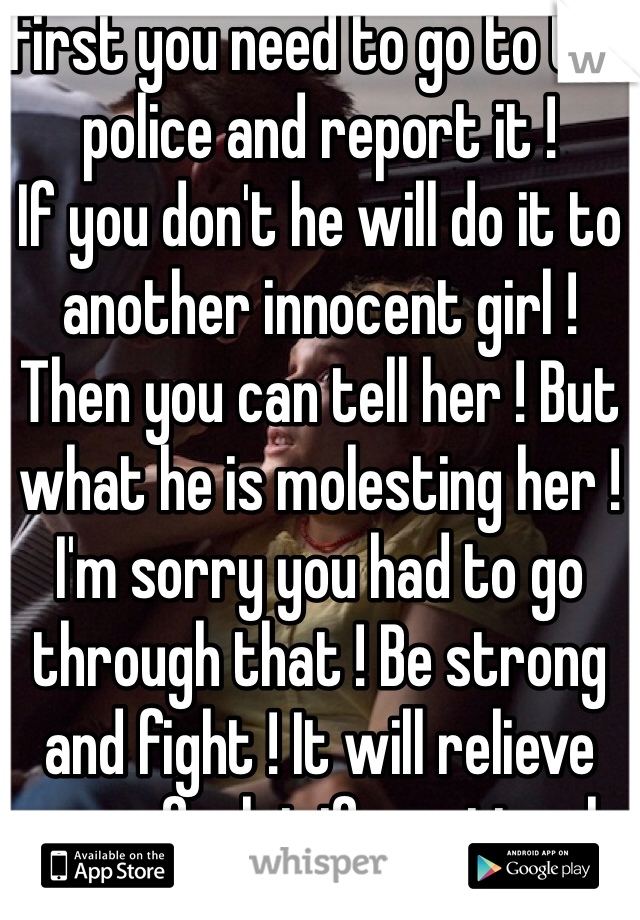 First you need to go to the police and report it !
If you don't he will do it to another innocent girl !
Then you can tell her ! But what he is molesting her ! I'm sorry you had to go through that ! Be strong and fight ! It will relieve you of a lot if emotional baggage if you report him ! There is no time limit !