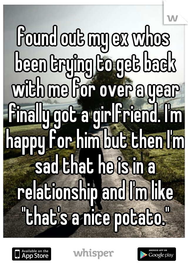 found out my ex whos been trying to get back with me for over a year finally got a girlfriend. I'm happy for him but then I'm sad that he is in a relationship and I'm like "that's a nice potato."