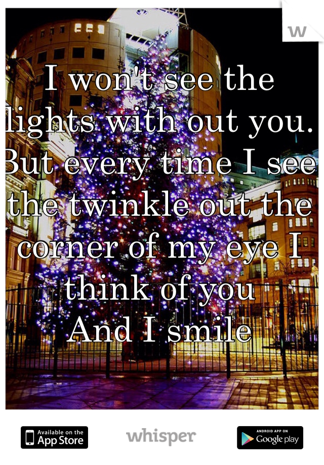I won't see the lights with out you. But every time I see the twinkle out the corner of my eye I think of you
And I smile 