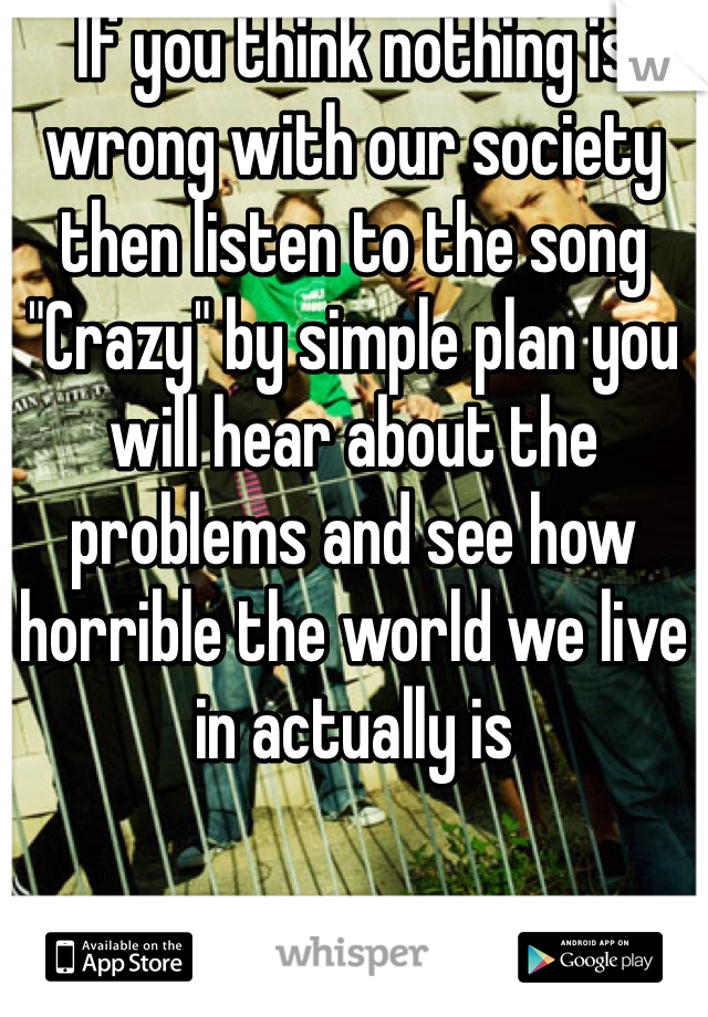If you think nothing is wrong with our society then listen to the song "Crazy" by simple plan you will hear about the problems and see how horrible the world we live in actually is
