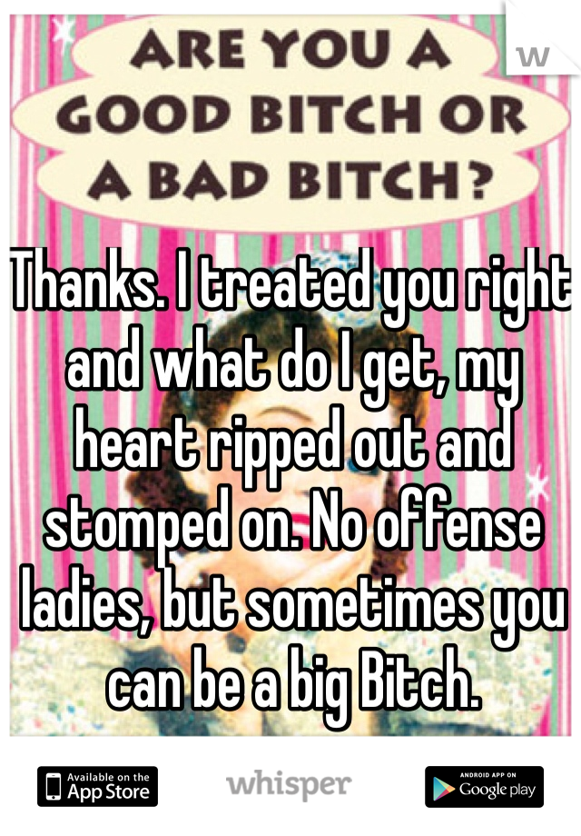 Thanks. I treated you right and what do I get, my heart ripped out and stomped on. No offense ladies, but sometimes you can be a big Bitch.