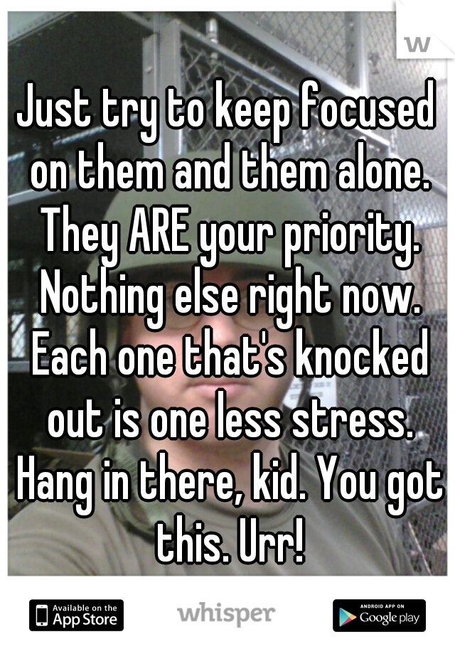 Just try to keep focused on them and them alone. They ARE your priority. Nothing else right now. Each one that's knocked out is one less stress. Hang in there, kid. You got this. Urr!