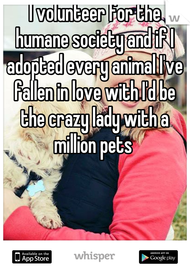 I volunteer for the humane society and if I adopted every animal I've fallen in love with I'd be the crazy lady with a million pets 