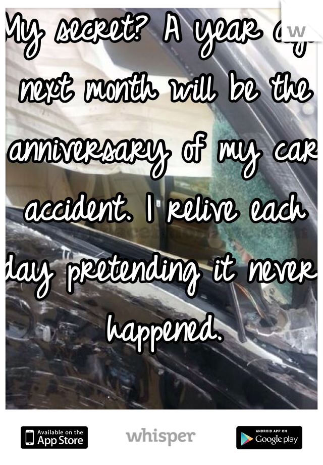 My secret? A year ago next month will be the anniversary of my car accident. I relive each day pretending it never happened. 