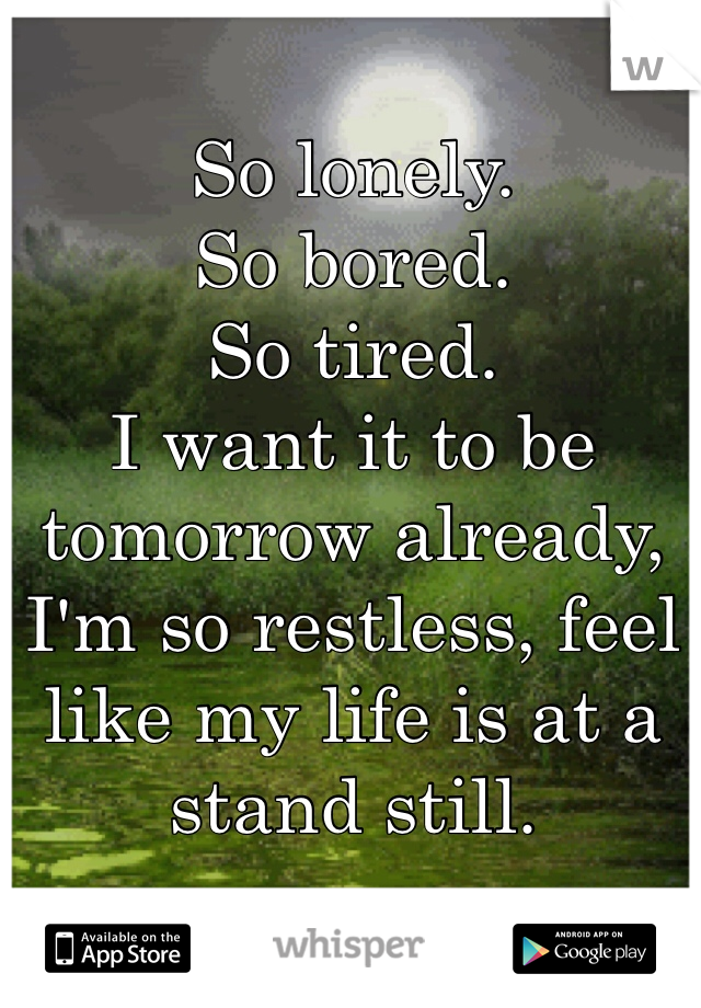 So lonely.
So bored. 
So tired. 
I want it to be tomorrow already, I'm so restless, feel like my life is at a stand still. 