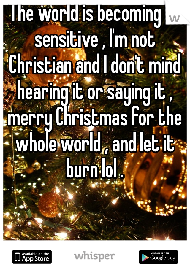 The world is becoming to sensitive , I'm not Christian and I don't mind hearing it or saying it , merry Christmas for the whole world , and let it burn lol . 