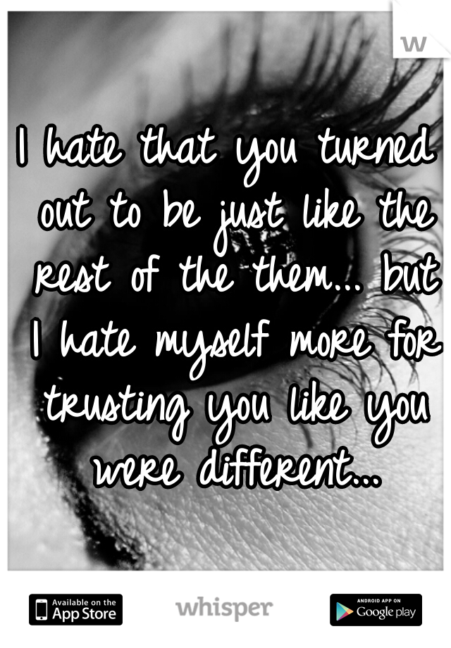 I hate that you turned out to be just like the rest of the them... but I hate myself more for trusting you like you were different...