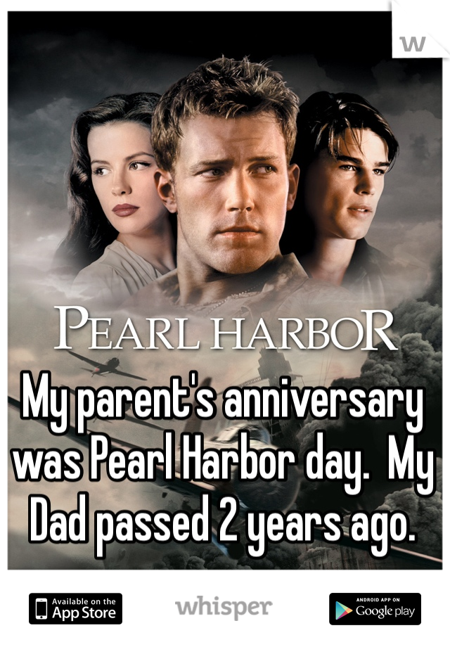 My parent's anniversary was Pearl Harbor day.  My Dad passed 2 years ago.