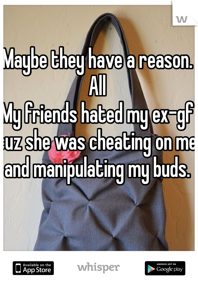 Maybe they have a reason. All
My friends hated my ex-gf cuz she was cheating on me and manipulating my buds.
