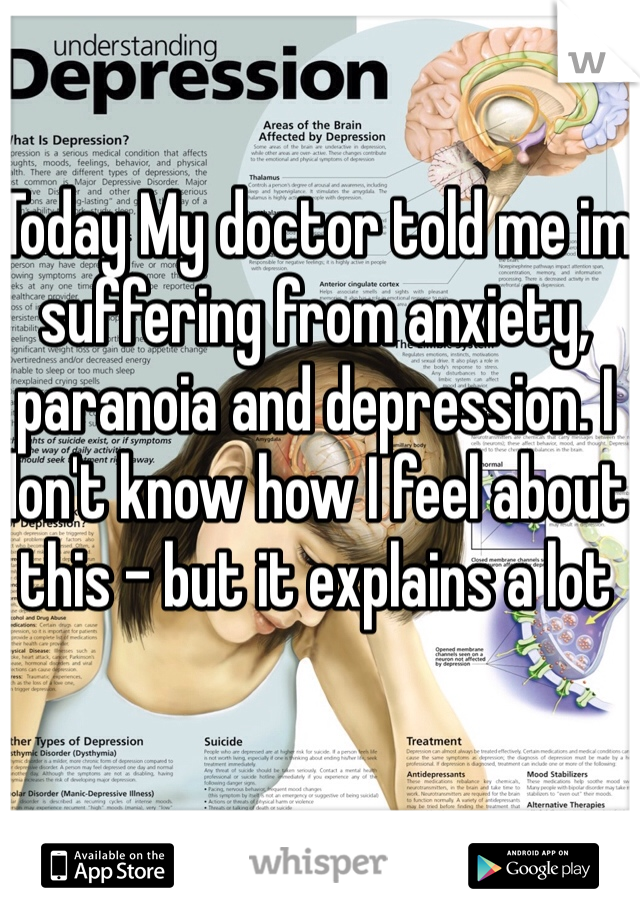 Today My doctor told me im suffering from anxiety, paranoia and depression. I don't know how I feel about this - but it explains a lot 