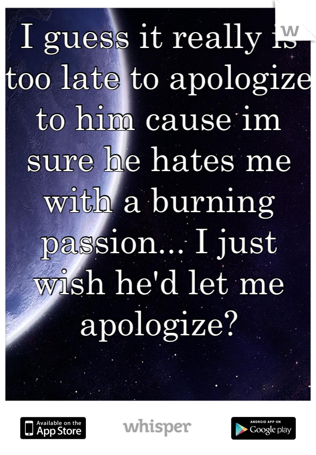 I guess it really is too late to apologize to him cause im sure he hates me with a burning passion... I just wish he'd let me apologize?
