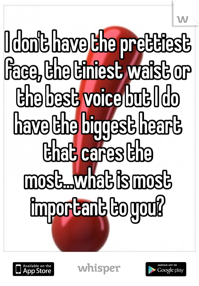 I don't have the prettiest face, the tiniest waist or the best voice but I do have the biggest heart that cares the most...what is most important to you?