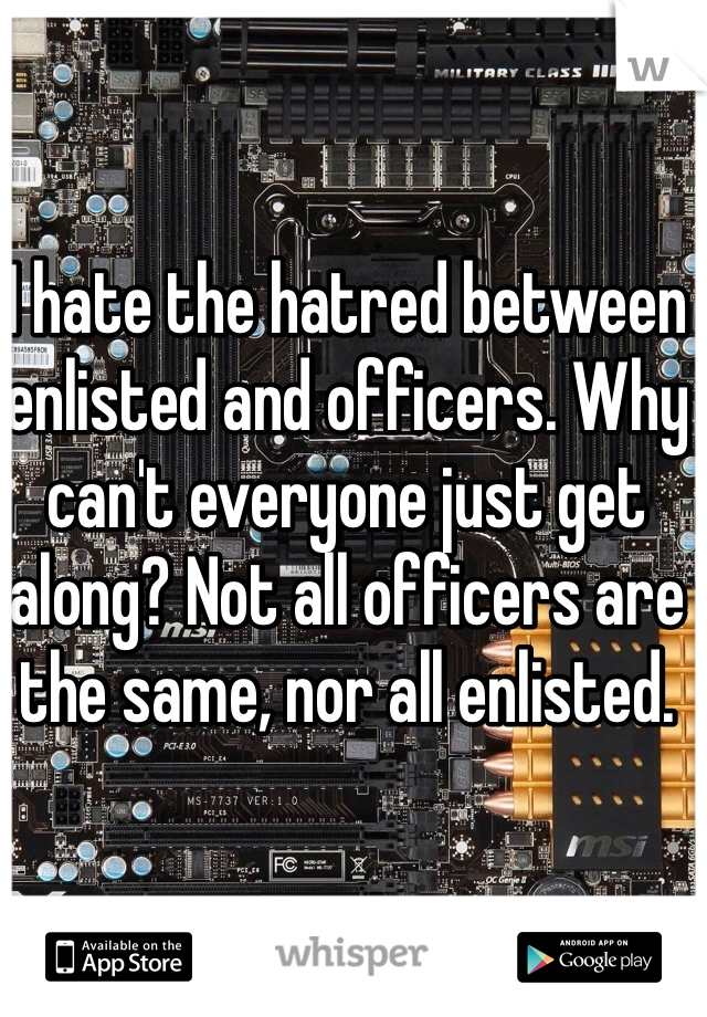 I hate the hatred between enlisted and officers. Why can't everyone just get along? Not all officers are the same, nor all enlisted. 