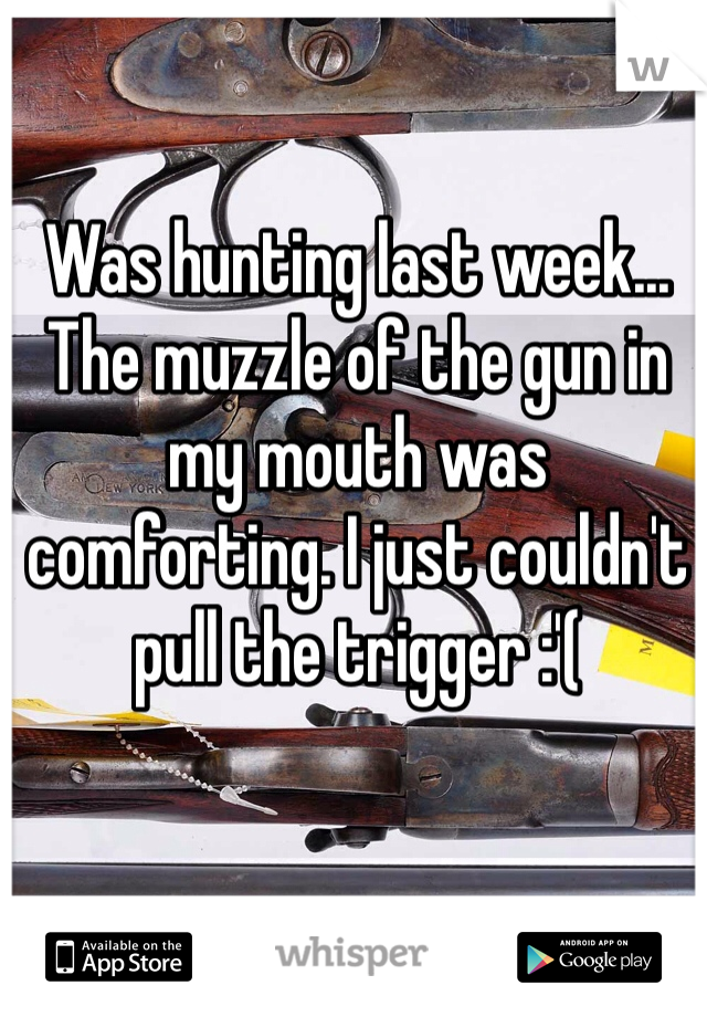 Was hunting last week... The muzzle of the gun in my mouth was comforting. I just couldn't pull the trigger :'(