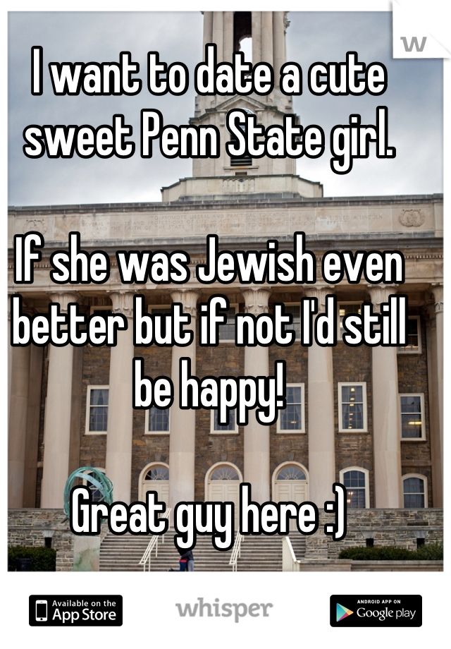 I want to date a cute sweet Penn State girl.

If she was Jewish even better but if not I'd still be happy!

Great guy here :)