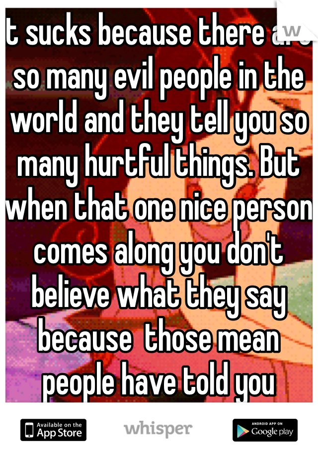It sucks because there are so many evil people in the world and they tell you so many hurtful things. But when that one nice person comes along you don't believe what they say because  those mean people have told you different. 