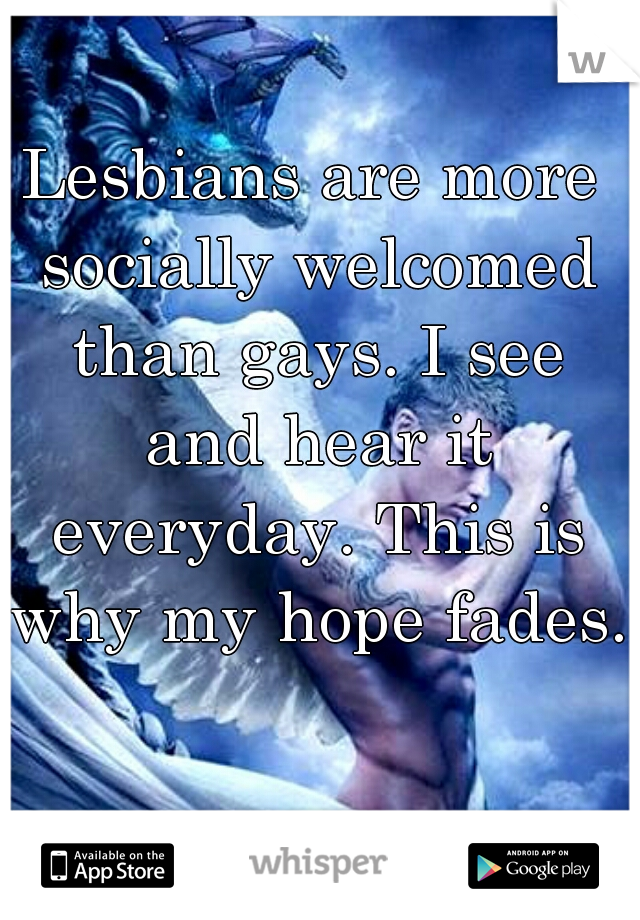 Lesbians are more socially welcomed than gays. I see and hear it everyday. This is why my hope fades. 