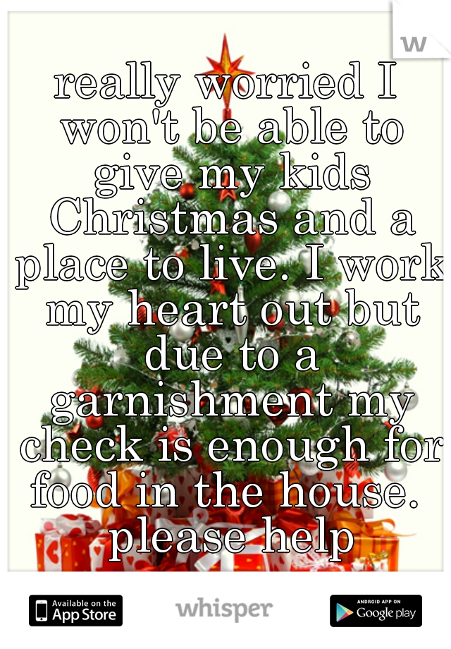 really worried I won't be able to give my kids Christmas and a place to live. I work my heart out but due to a garnishment my check is enough for food in the house.  please help