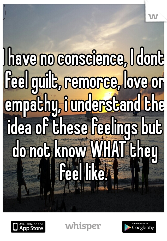 I have no conscience, I dont feel guilt, remorce, love or empathy, i understand the idea of these feelings but do not know WHAT they feel like. 