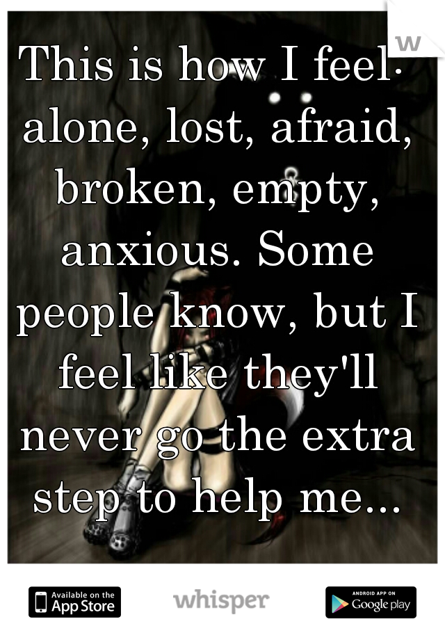 This is how I feel: alone, lost, afraid, broken, empty, anxious. Some people know, but I feel like they'll never go the extra step to help me...