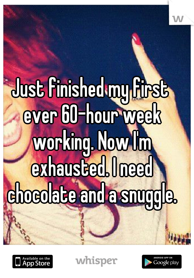 Just finished my first ever 60-hour week working. Now I'm exhausted. I need chocolate and a snuggle.