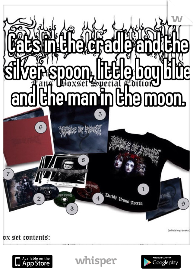 Cats in the cradle and the silver spoon, little boy blue and the man in the moon. 