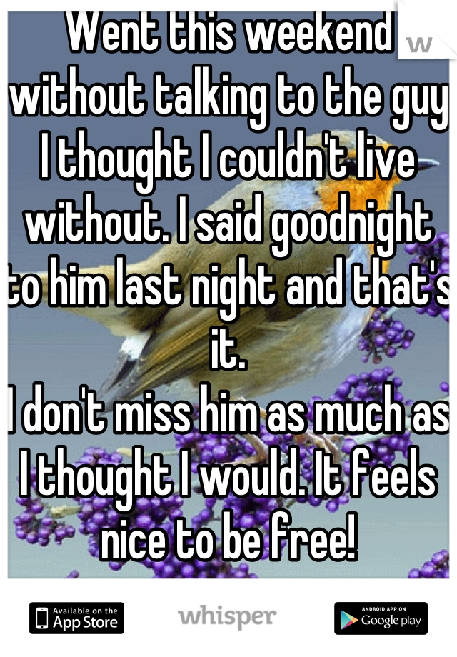 Went this weekend without talking to the guy I thought I couldn't live without. I said goodnight to him last night and that's it.
I don't miss him as much as I thought I would. It feels nice to be free!