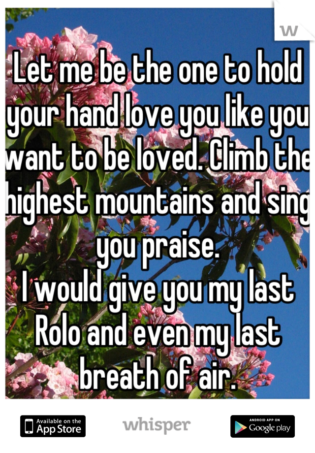 Let me be the one to hold your hand love you like you want to be loved. Climb the highest mountains and sing you praise.
I would give you my last Rolo and even my last breath of air.