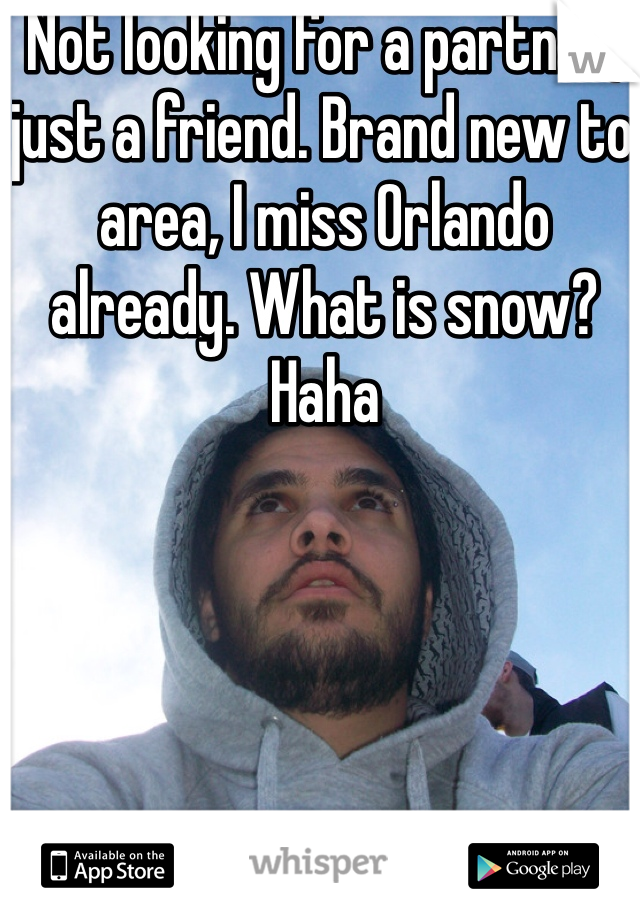 Not looking for a partner, just a friend. Brand new to area, I miss Orlando already. What is snow? Haha