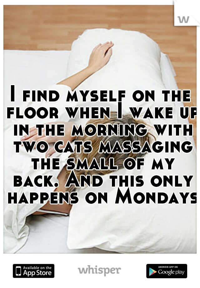 I find myself on the floor when I wake up in the morning with two cats massaging the small of my back. And this only happens on Mondays.