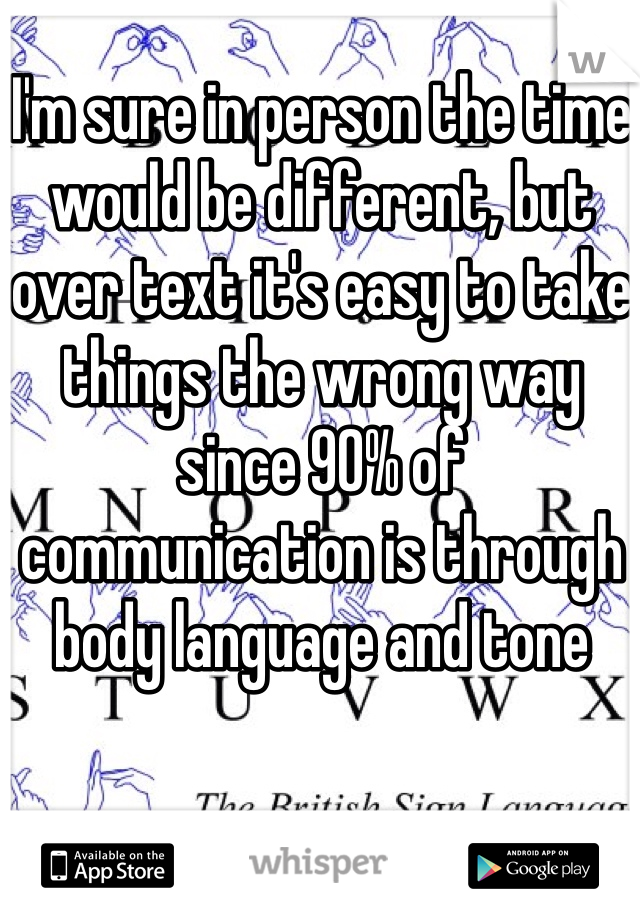 I'm sure in person the time would be different, but over text it's easy to take things the wrong way since 90% of communication is through body language and tone
