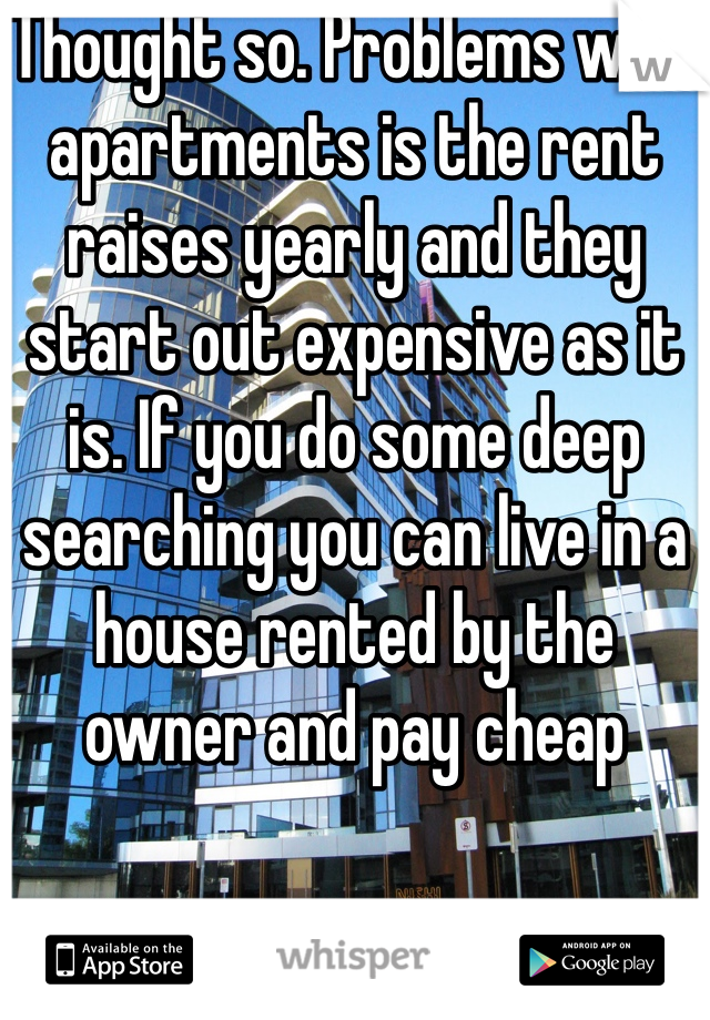 Thought so. Problems with apartments is the rent raises yearly and they start out expensive as it is. If you do some deep searching you can live in a house rented by the owner and pay cheap