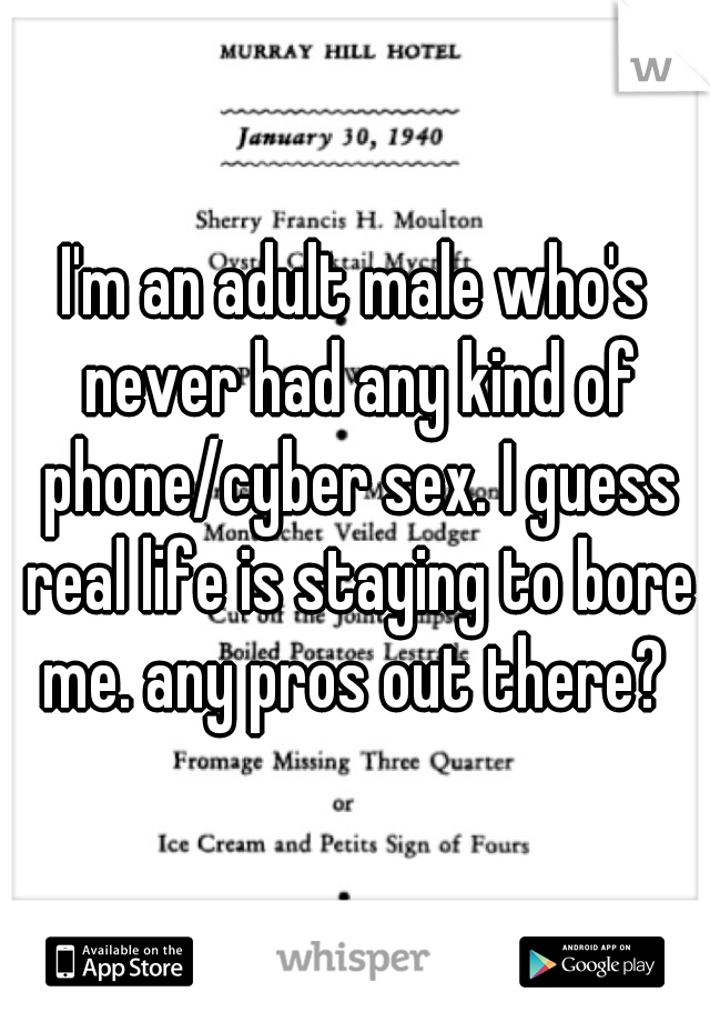 I'm an adult male who's never had any kind of phone/cyber sex. I guess real life is staying to bore me. any pros out there? 