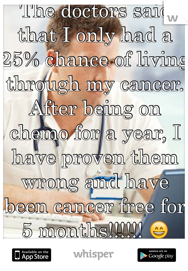 The doctors said that I only had a 25% chance of living through my cancer. After being on chemo for a year, I have proven them wrong and have been cancer free for 5 months!!!!!! 😄