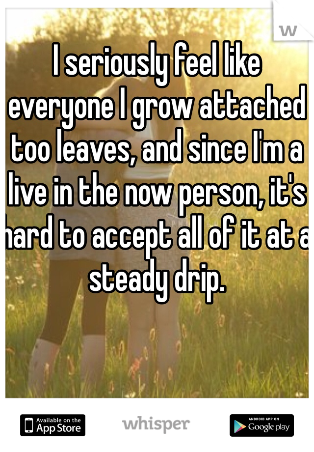 I seriously feel like everyone I grow attached too leaves, and since I'm a live in the now person, it's hard to accept all of it at a steady drip. 