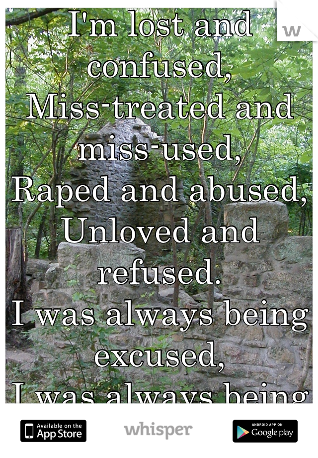 I'm lost and confused,
Miss-treated and miss-used,
Raped and abused, 
Unloved and refused.
I was always being excused, 
I was always being used, 
I was lost and confused.
I was used,
I was refused, 
I was miss-treated,
But most if all I was lost and haven't been found.
