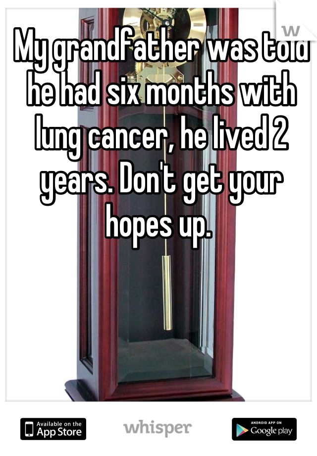 My grandfather was told he had six months with lung cancer, he lived 2 years. Don't get your hopes up. 
