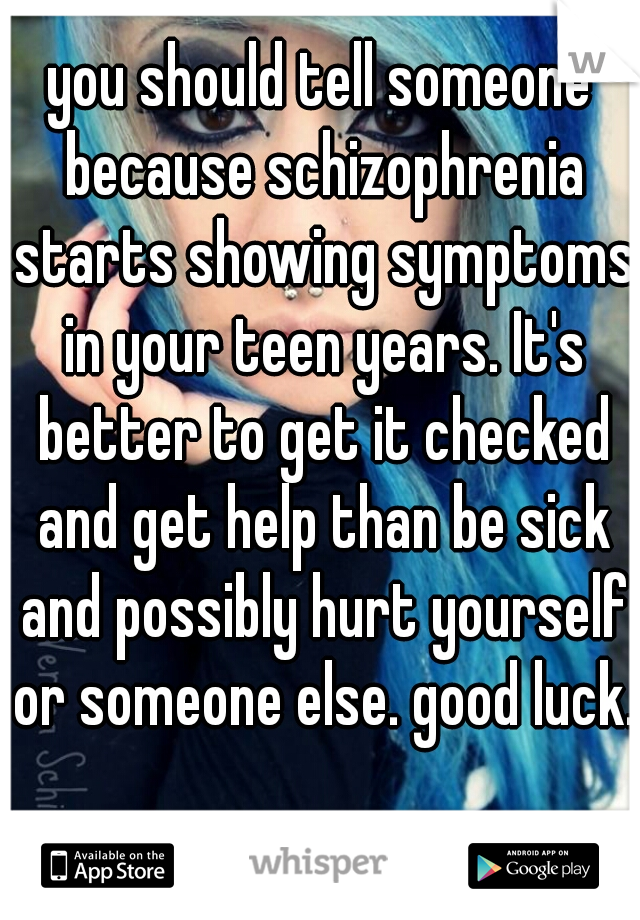 you should tell someone because schizophrenia starts showing symptoms in your teen years. It's better to get it checked and get help than be sick and possibly hurt yourself or someone else. good luck.