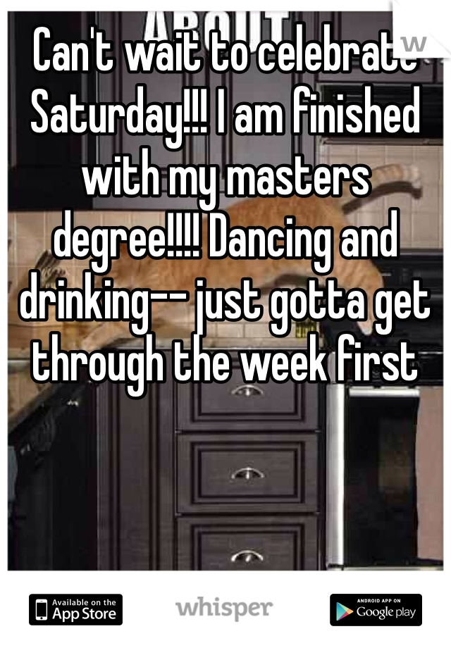 Can't wait to celebrate Saturday!!! I am finished with my masters degree!!!! Dancing and drinking-- just gotta get through the week first 