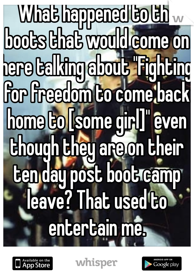 What happened to the boots that would come on here talking about "Fighting for freedom to come back home to [some girl]" even though they are on their ten day post boot camp leave? That used to entertain me. 